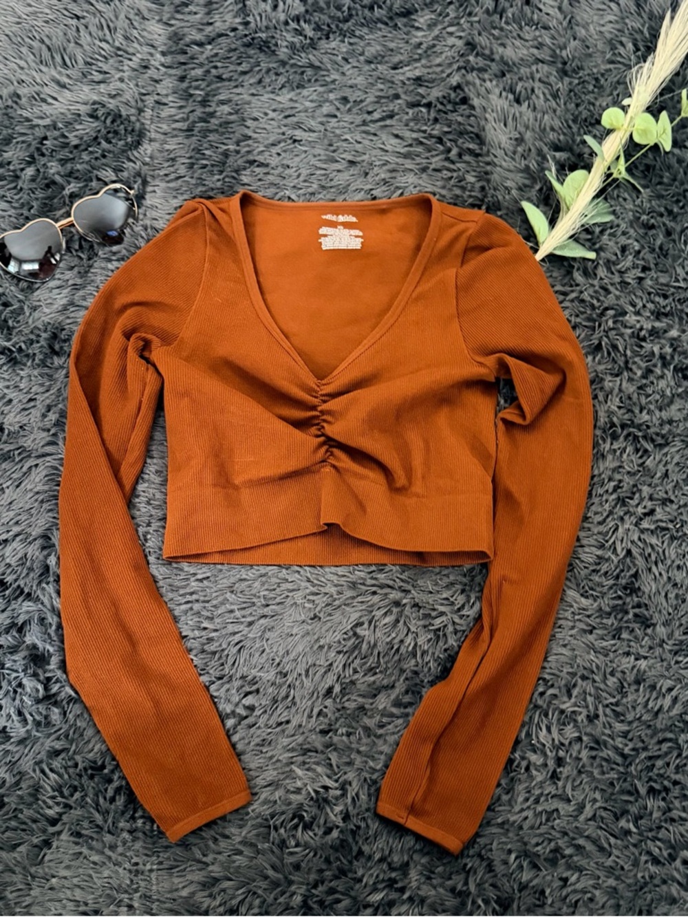 wild fable Rust Ruched V-Neck Long-Sleeve Crop Top